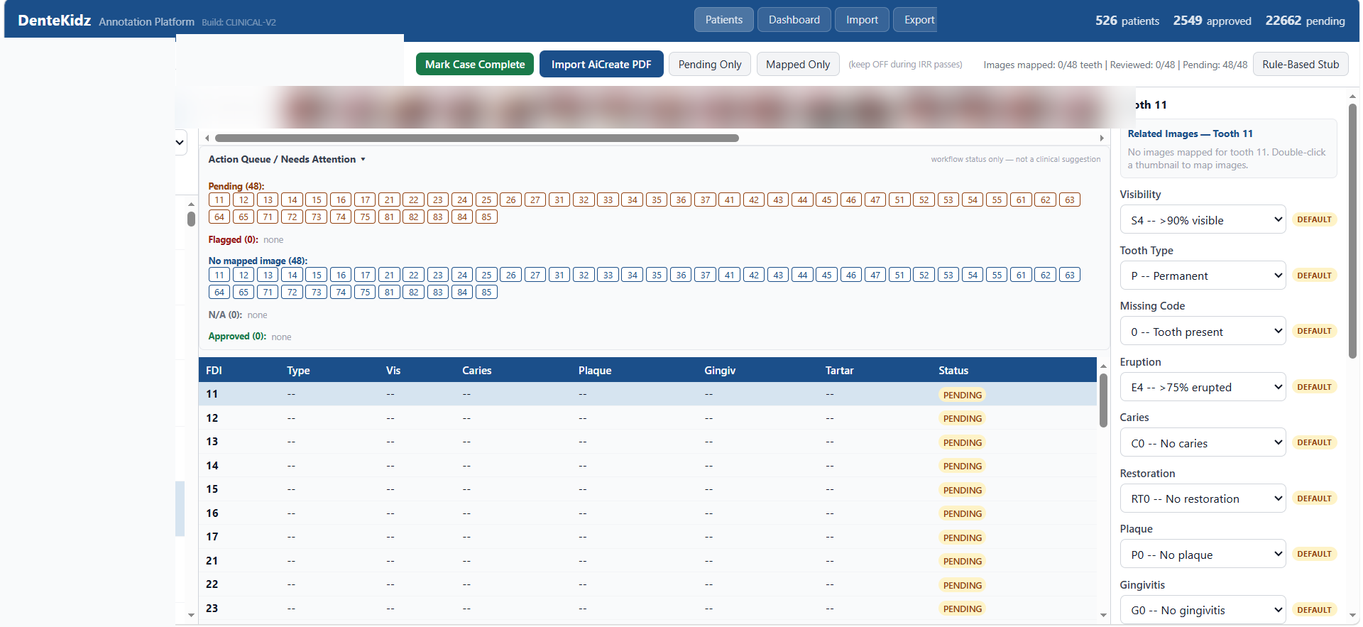 De-identified development interface showing the DenteKidz structured tooth-level review workflow.